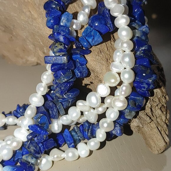 Necklace Multi Strand Lapis Lazuli Freshwater Pearl 925 Stamped Lobster Clasp - Picture 8 of 9